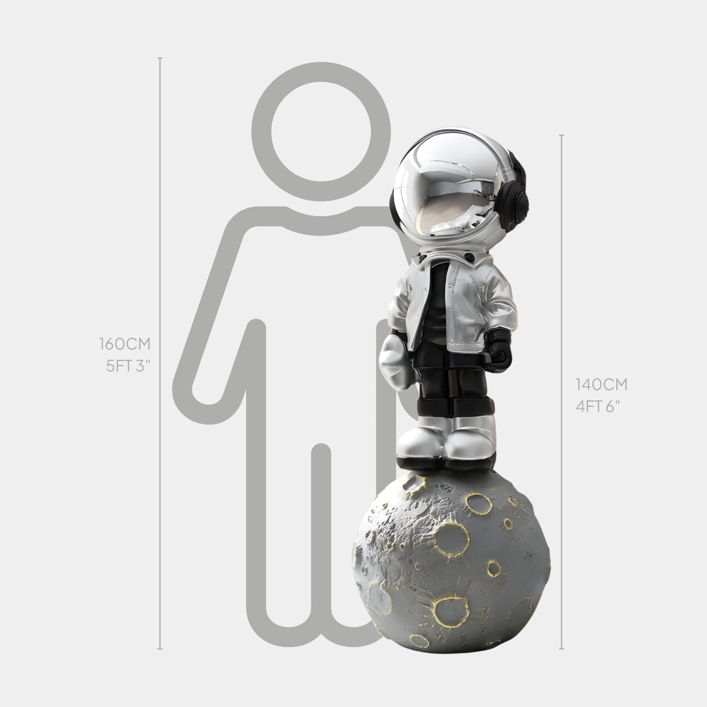 Grande sculpture d'astronaute en argent lunaire battant sur la lune - 140 cm