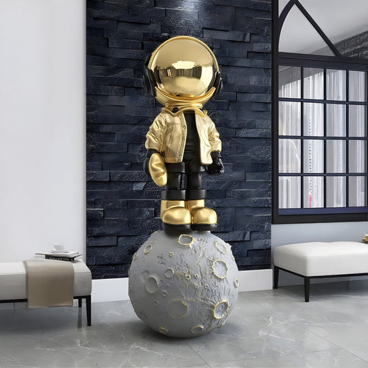 Grande Sculpture Astronaute Doré Céleste Battant Sur la Lune - 140cm