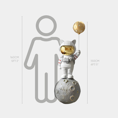 Grande Sculpture de Chat Astronaute Nova Blanche avec Ballon Lunaire - 150cm