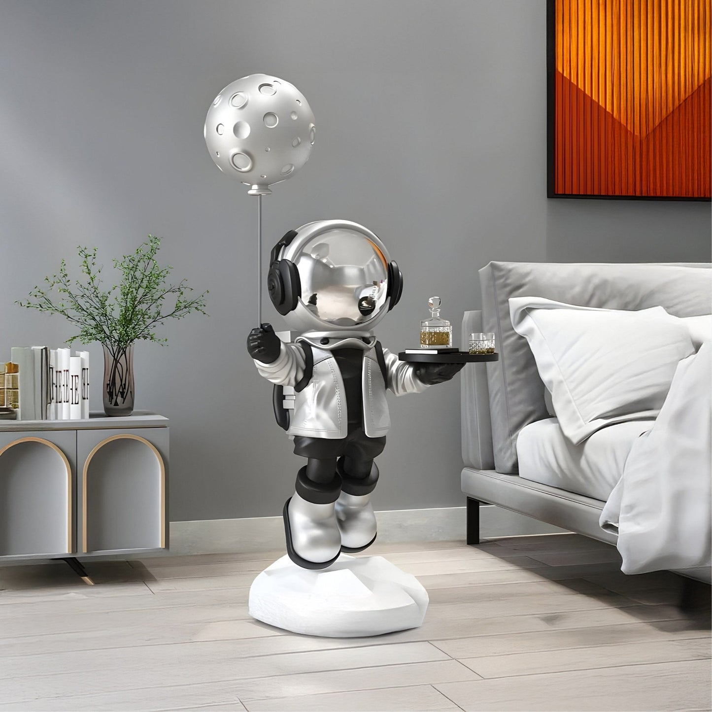 Sculpture en Ballon Astronaute Majordome en Argent Lunaire Moyen - 80cm