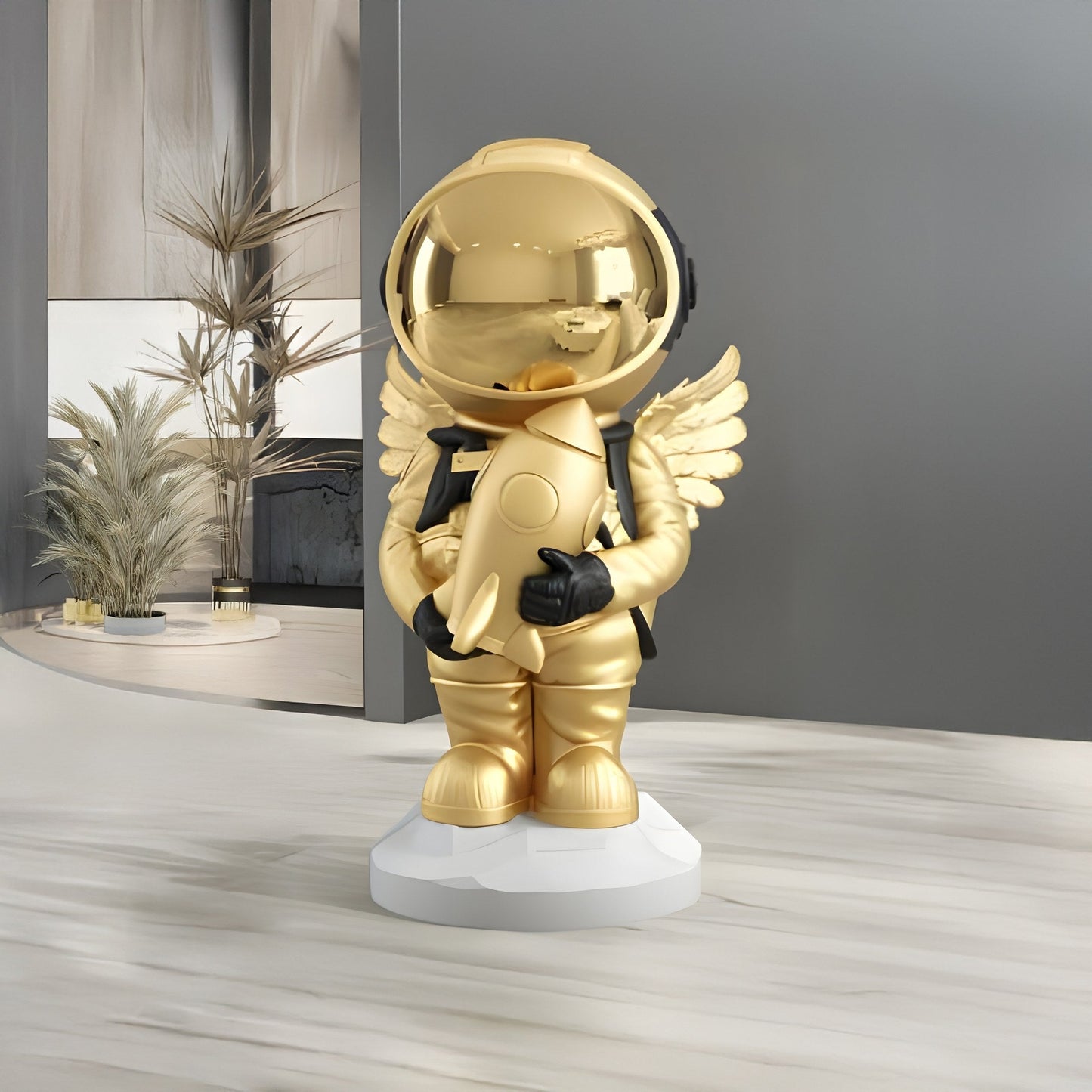 Petite Sculpture de Rocket d'Ange Astronaute en Or Céleste - 75 cm