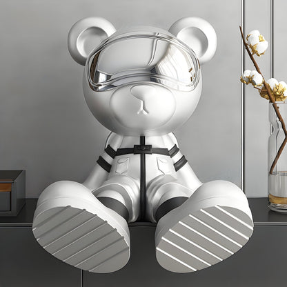 Petite sculpture d'astronaute ours en chrome cosmique - 51 cm