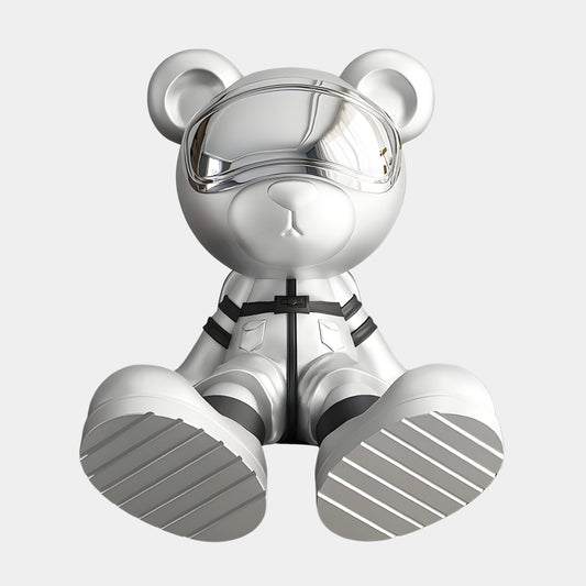 Petite sculpture d'astronaute ours en chrome cosmique - 51 cm